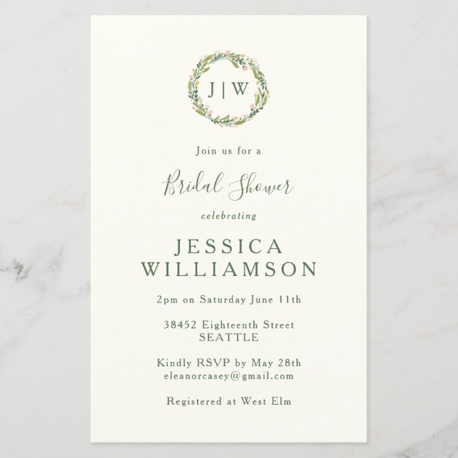 Budget Floral Monogram Greenery Bridal Shower  (Front)