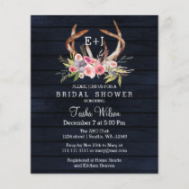 Budget Floral Navy Antler Bridal Shower Invitation