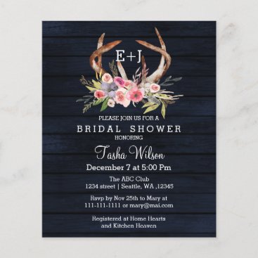 Budget Floral Navy Antler Bridal Shower Invitation