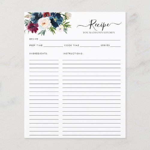 Budget Floral Navy Blue Burgundy Kitchen Recipe Flyer