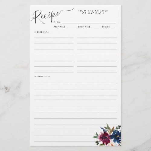 Budget Floral Navy Blue Burgundy Red Recipe Card Flyer