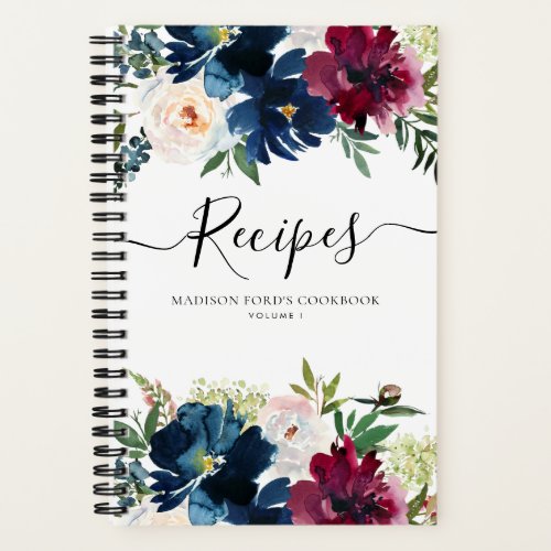 Budget Floral Navy Blue Burgundy Watercolor Recipe Notebook