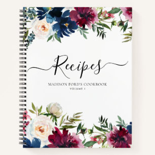 Budget Floral Navy Blue Burgundy Watercolor Recipe Notebook
