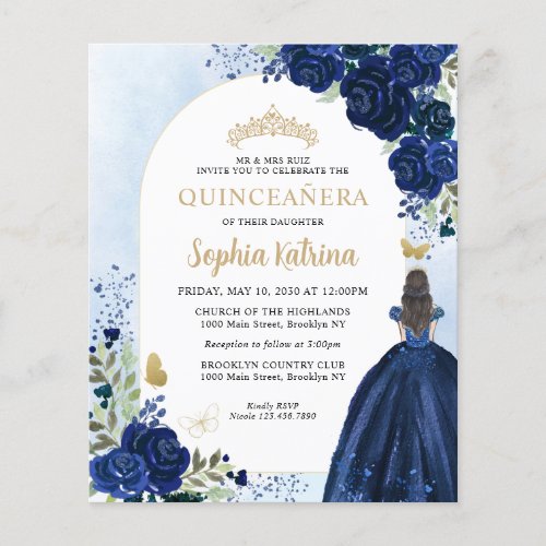 Budget Floral Navy Blue Gold Photo Quinceaera