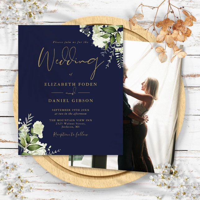 Budget Floral Navy Blue Gold Photo Wedding Invite (Budget Floral Navy Blue Gold Photo Wedding Invite)