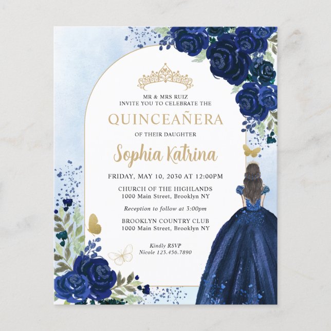 Budget Floral Navy Blue Gold Princess Quinceanera (Front)