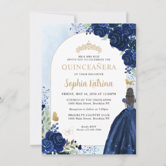 Budget Floral Navy Blue Gold Princess Quinceanera Note Card (Front)