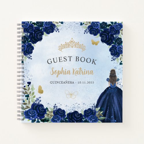 Budget Floral Navy Blue Gold Quinceanera Guestbook Notebook