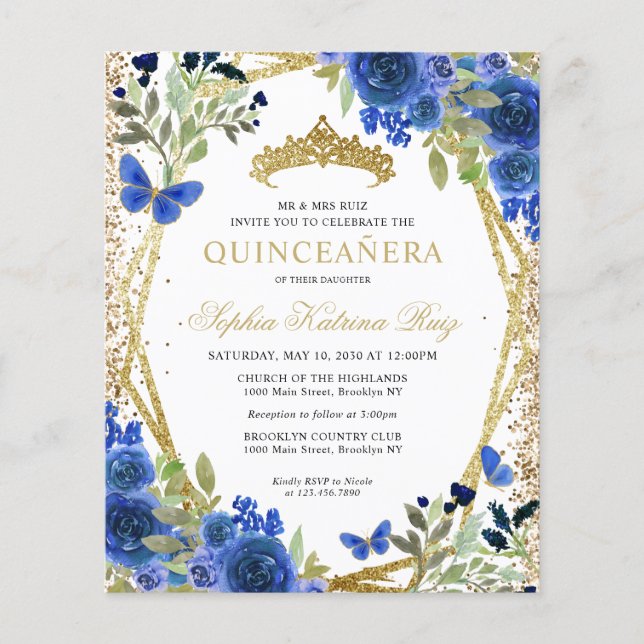 Budget Floral Navy Blue Gold Quinceañera Invite (Front)