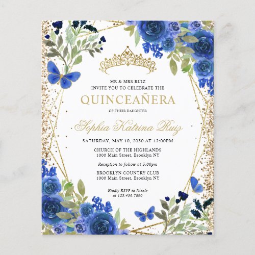 Budget Floral Navy Blue Gold Quinceaera Invite