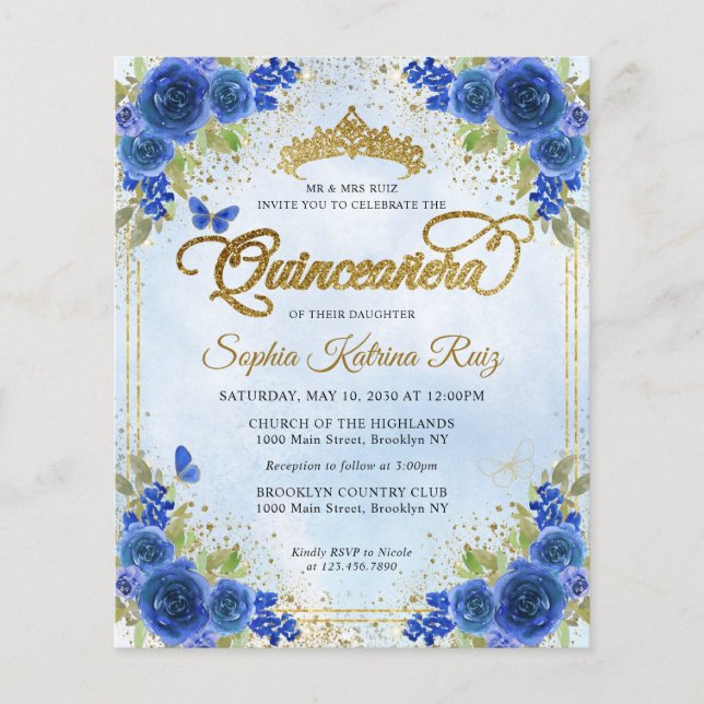 Budget Floral Navy Blue Gold Tiara Quinceañera Flyer (Front)