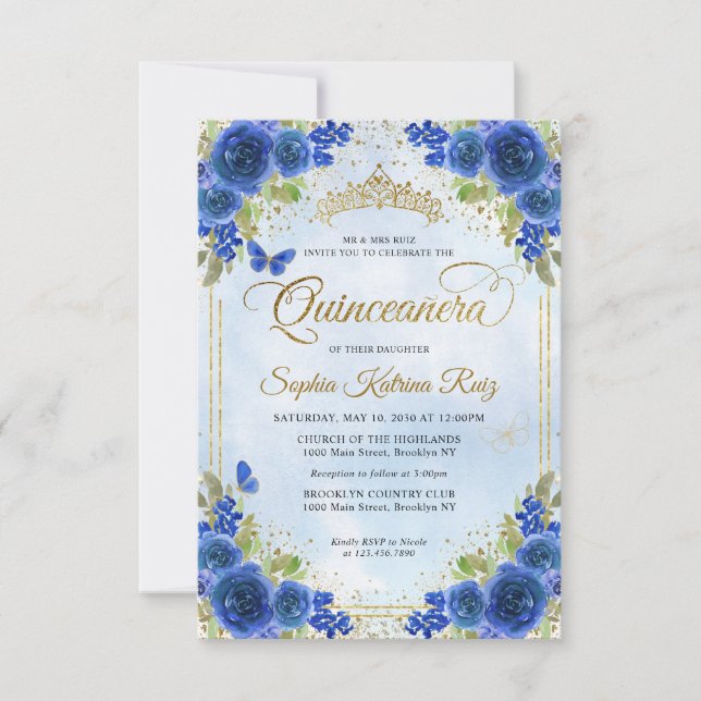 Budget Floral Navy Blue Gold Tiara Quinceañera Note Card (Front)