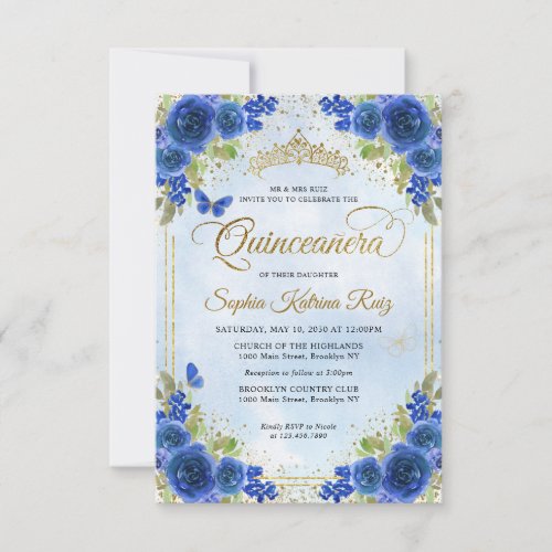 Budget Floral Navy Blue Gold Tiara Quinceaera Note Card