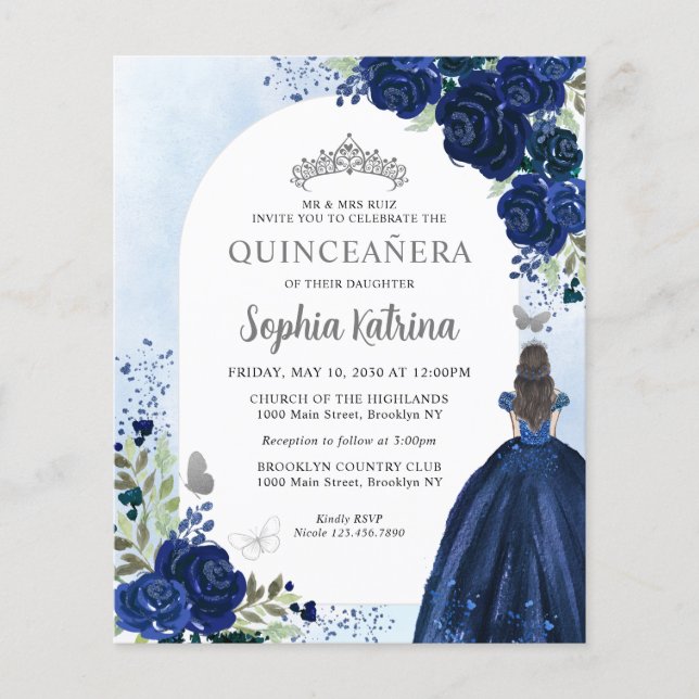 Budget Floral Navy Blue Gray Princess Quinceanera (Front)