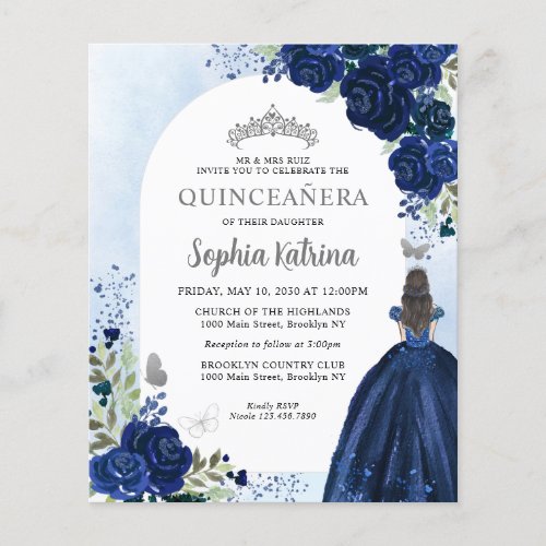 Budget Floral Navy Blue Gray Princess Quinceanera