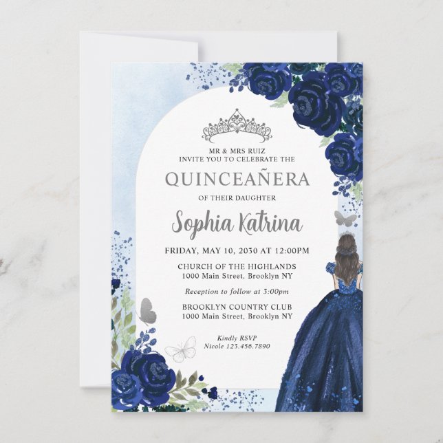Budget Floral Navy Blue Gray Princess Quinceanera Note Card (Front)