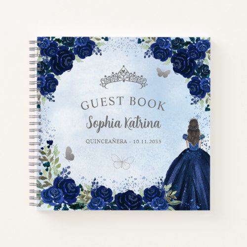 Budget Floral Navy Blue Gray Quinceanera Guestbook Notebook