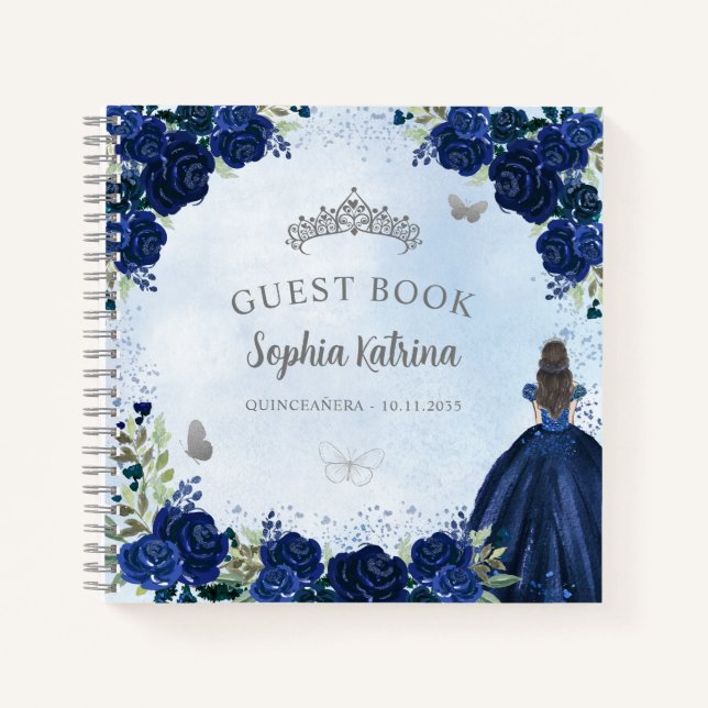 Budget Floral Navy Blue Gray Quinceanera Guestbook Notebook (Front)