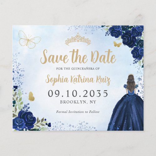 Budget Floral Navy Blue Quinceanera Save the Date