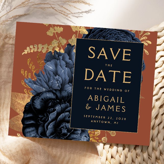 Budget Floral Navy Blue Rust Wedding Save the Date (Creator Uploaded)