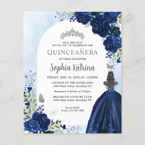 Budget Floral Navy Blue Silver Photo Quinceaera