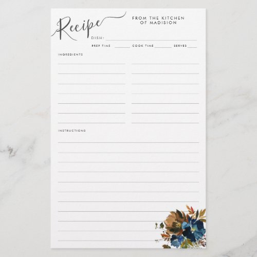 Budget Floral Navy Blue Terracotta Recipe Sheet