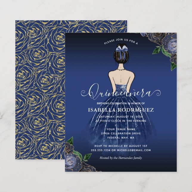 Budget Floral Navy Princess Gold Quinceañera (Front/Back)
