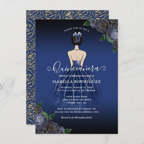 Budget Floral Navy Princess Gold Quinceaera Note Card