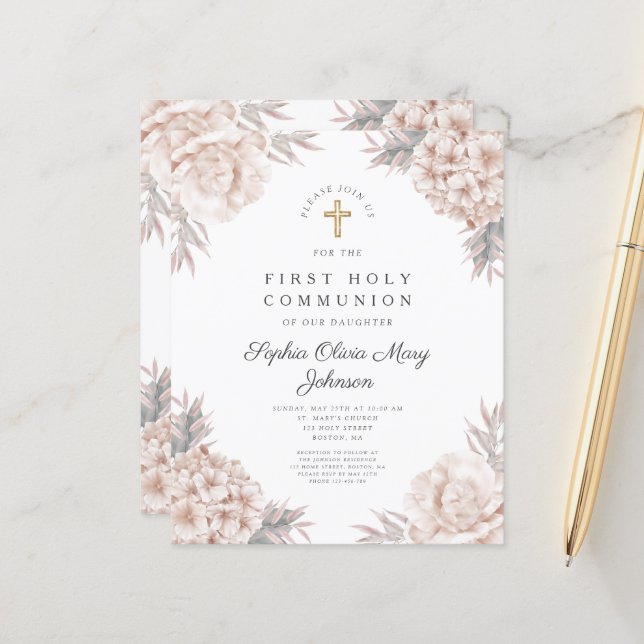 Budget Floral Peonies Gold Cross First Communion (Front/Back In Situ)
