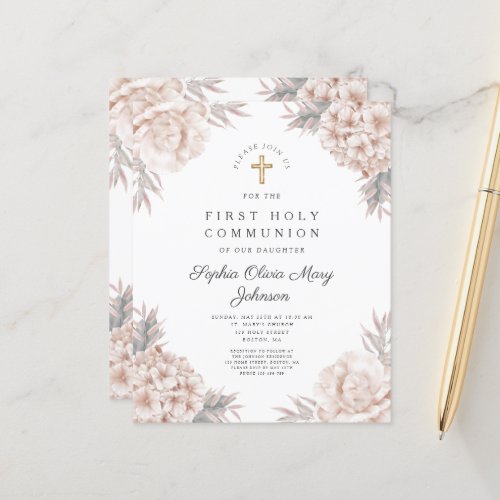 Budget Floral Peonies Gold Cross First Communion