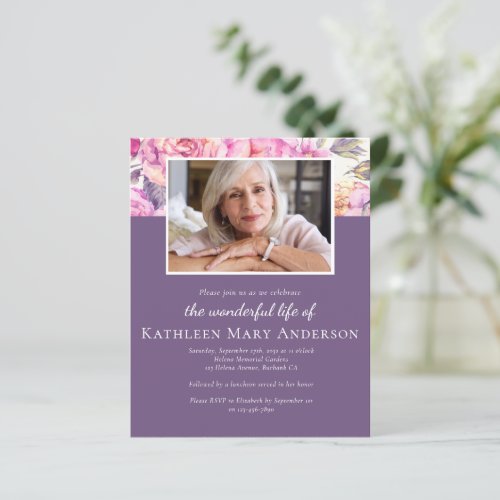 Budget Floral Peonies Photo Memorial Invitation