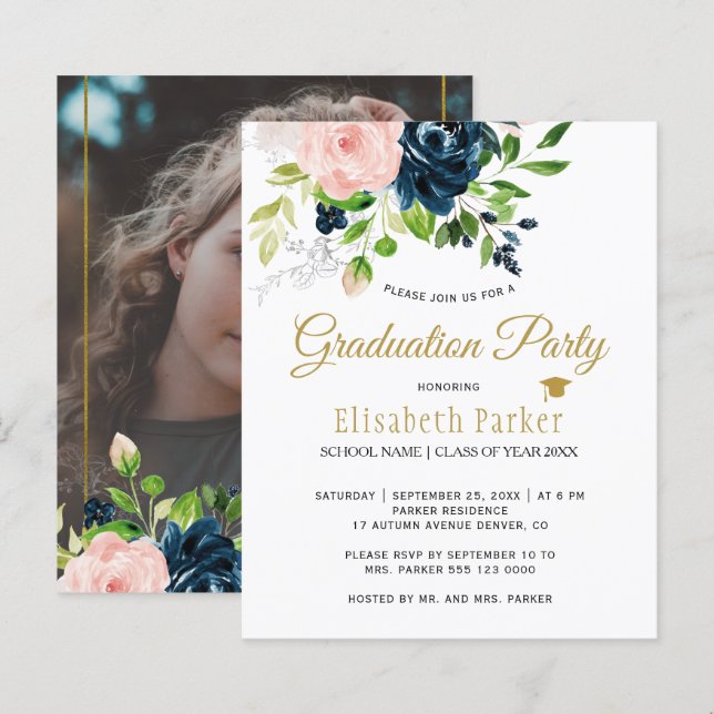 Budget floral photo graduation party Invitation (Front/Back)