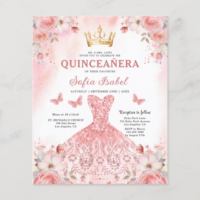 Budget Floral Pink Bilingual Spanish Quinceanera Flyer