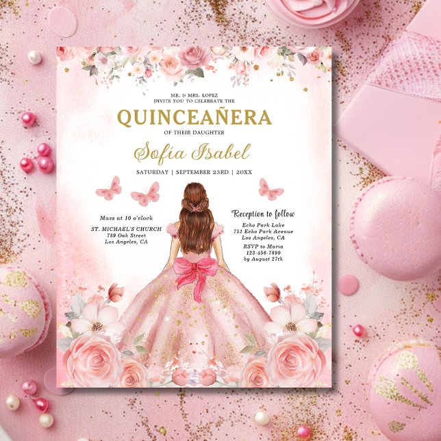 Budget Floral Pink Bilingual Spanish Quinceanera Flyer (Creator Uploaded)