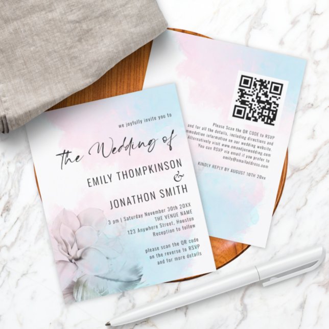Budget Floral Pink Blue Wash QR Wedding Invite (Creator Uploaded)
