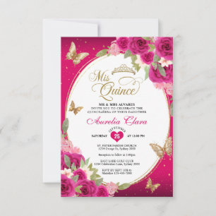 BUDGET Floral Pink Gold Butterfly Mis Quinceañera Note Card