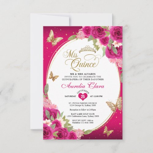 BUDGET Floral Pink Gold Butterfly Mis Quinceaera Note Card