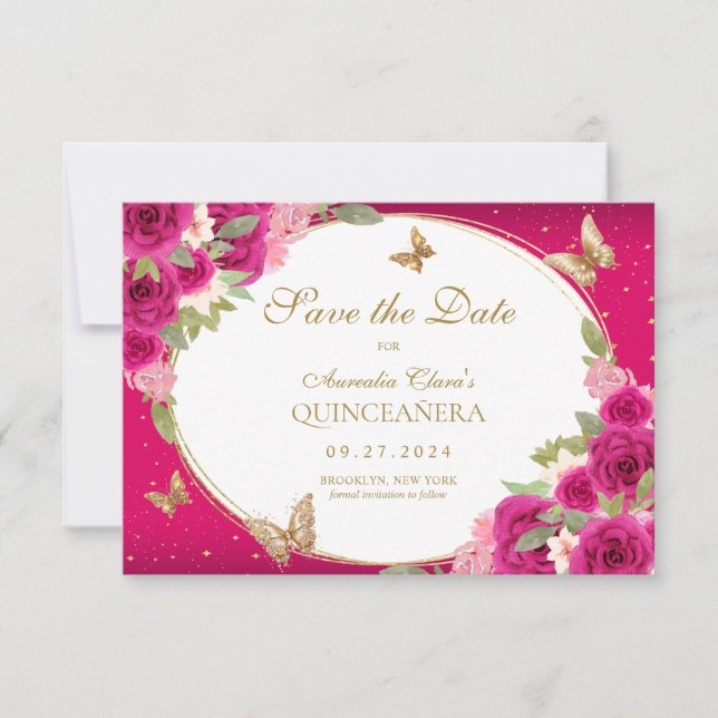 BUDGET Floral Pink Gold Butterfly Quinceanera Note Card (Front)