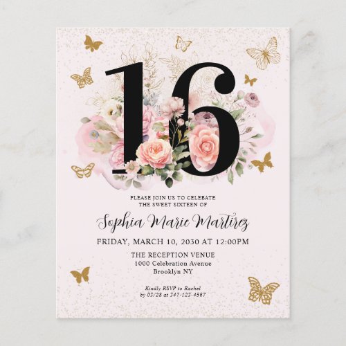 Budget Floral Pink Gold Butterfly Sweet 16 Party