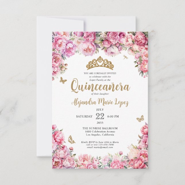 Budget Floral Pink Gold Glitter Tiara Quinceañera Note Card (Front)