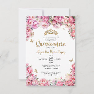 Budget Floral Pink Gold Glitter Tiara Quinceañera Note Card
