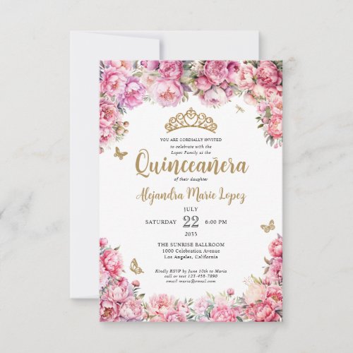 Budget Floral Pink Gold Glitter Tiara Quinceaera Note Card