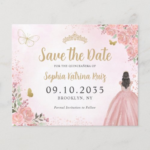 Budget Floral Pink Gold Quinceanera Save the Date