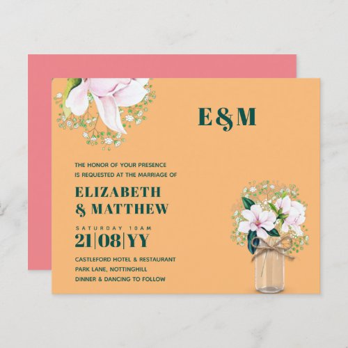 BUDGET Floral Pink Magnolias Green Wedding Invite