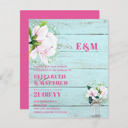 BUDGET Floral Pink Magnolias Green Wedding Invite