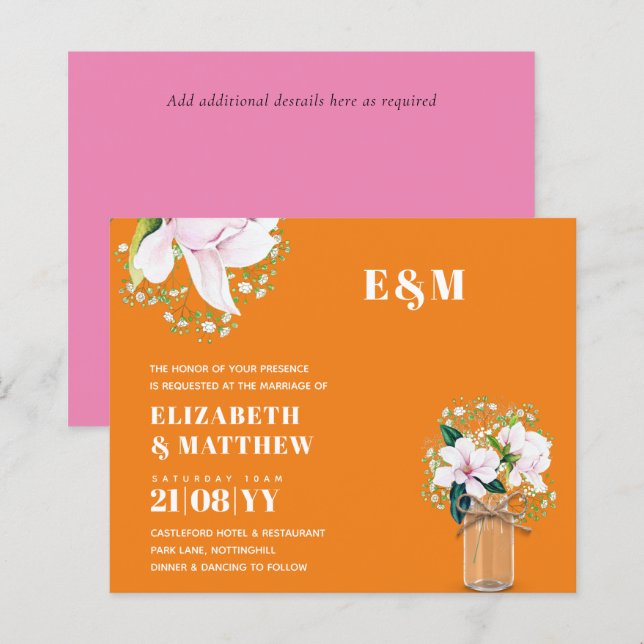 BUDGET Floral Pink Magnolias Green Wedding Invite (Front/Back)