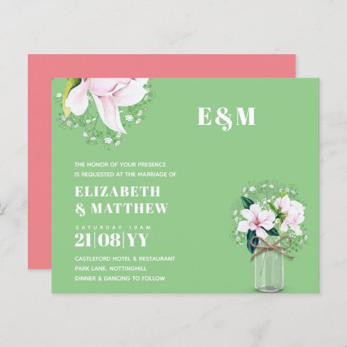 BUDGET Floral Pink Magnolias Green Wedding Invite