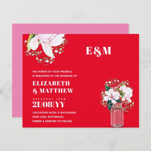 BUDGET Floral Pink Magnolias Green Wedding Invite