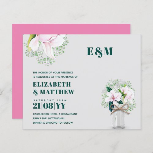 BUDGET Floral Pink Magnolias Green Wedding Invite