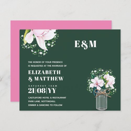 BUDGET Floral Pink Magnolias Green Wedding Invite